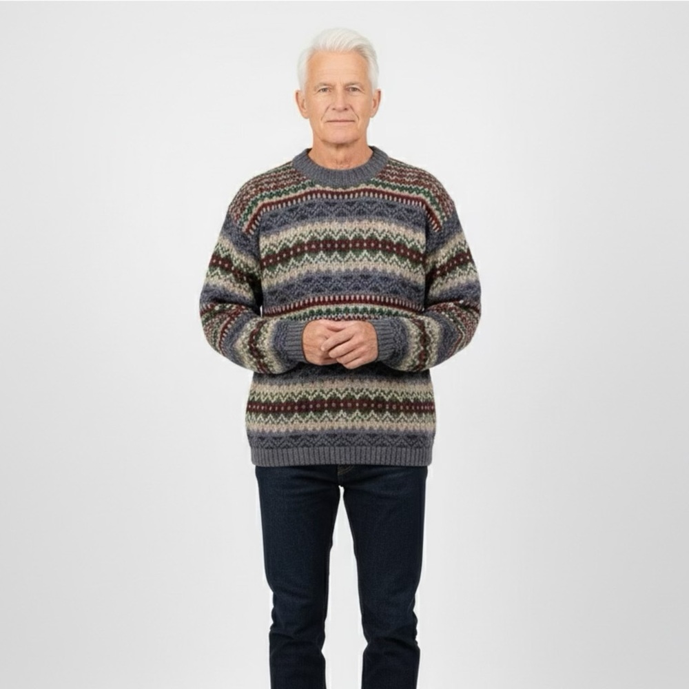 Men's Vintage Geometric Pure Wool Sweater Multicolor Patterned Crew Neck size‎ M